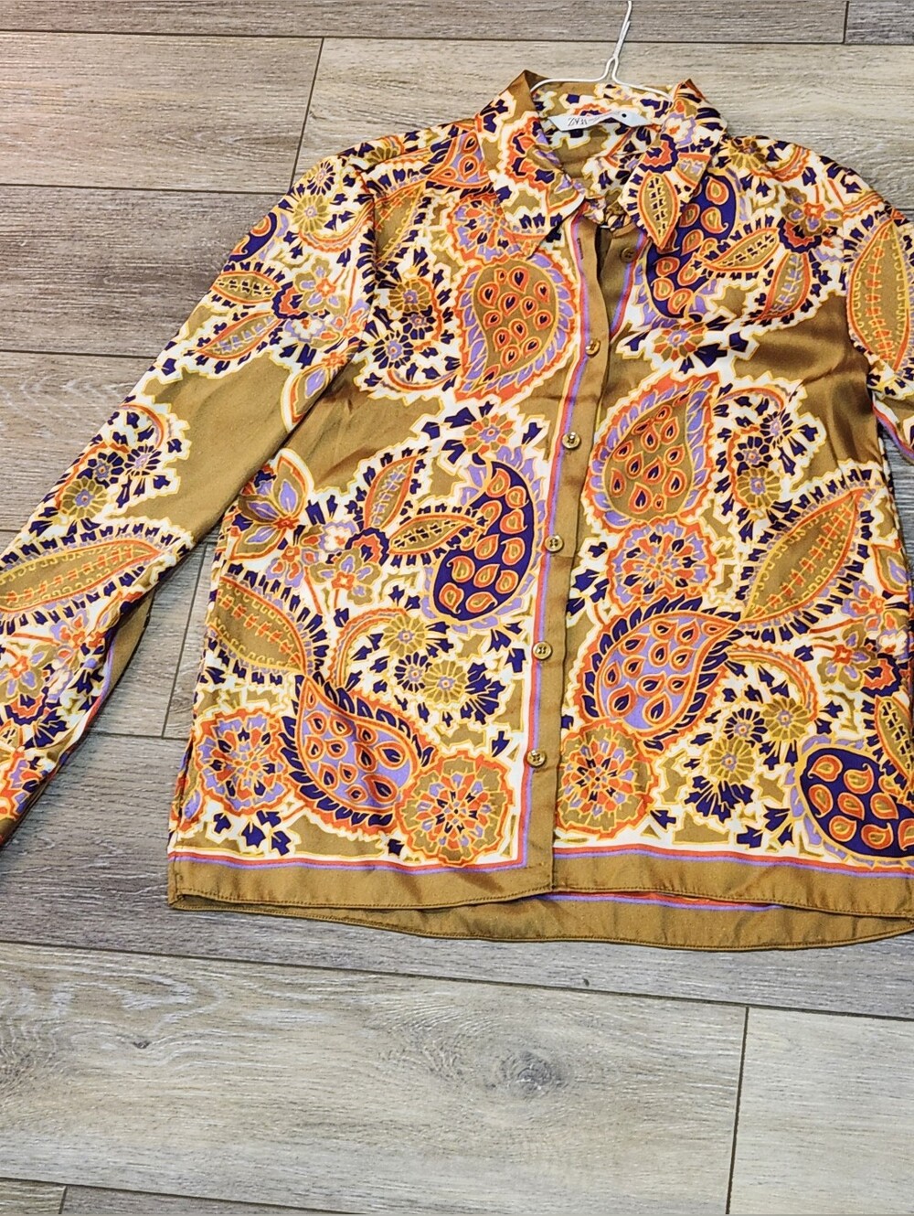 Zara Mustard Paisley Top with Orange & Purple Accents Size Medium